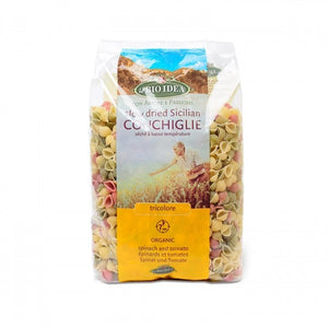 Paste Conchiglie tricolore din grâu dur sicilian BIO LBI 500g — forma scoici, colorate natural cu spanac și roșie
