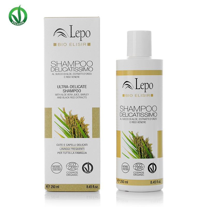 Șampon ultradelicat BIO 250ml — Aloe Barbadensis + orz Hordeum vulgare + orez negru Venus Oryza sativa, COSMOS ORGANIC 97.8% natural, scalp sensibil + copii + familia