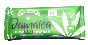 Baton raw BIO cu cânepă 40g, Jamaica — 20% semințe cânepă, curmale, caju, mango, vegan