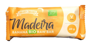 Baton raw BIO cu banană 40g, Madeira — 25% banane BIO, curmale și nuci de Brazilia, vegan raw