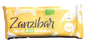 Baton raw BIO cu fructe exotice 40g, Zanzibar — mango, ananas, stafide și caju, vegan raw tropical