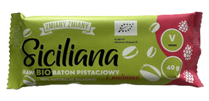 Baton raw BIO cu fistic și zmeură 40g, Siciliana — 20% fistic, 5% zmeură, mix mediteranean vegan