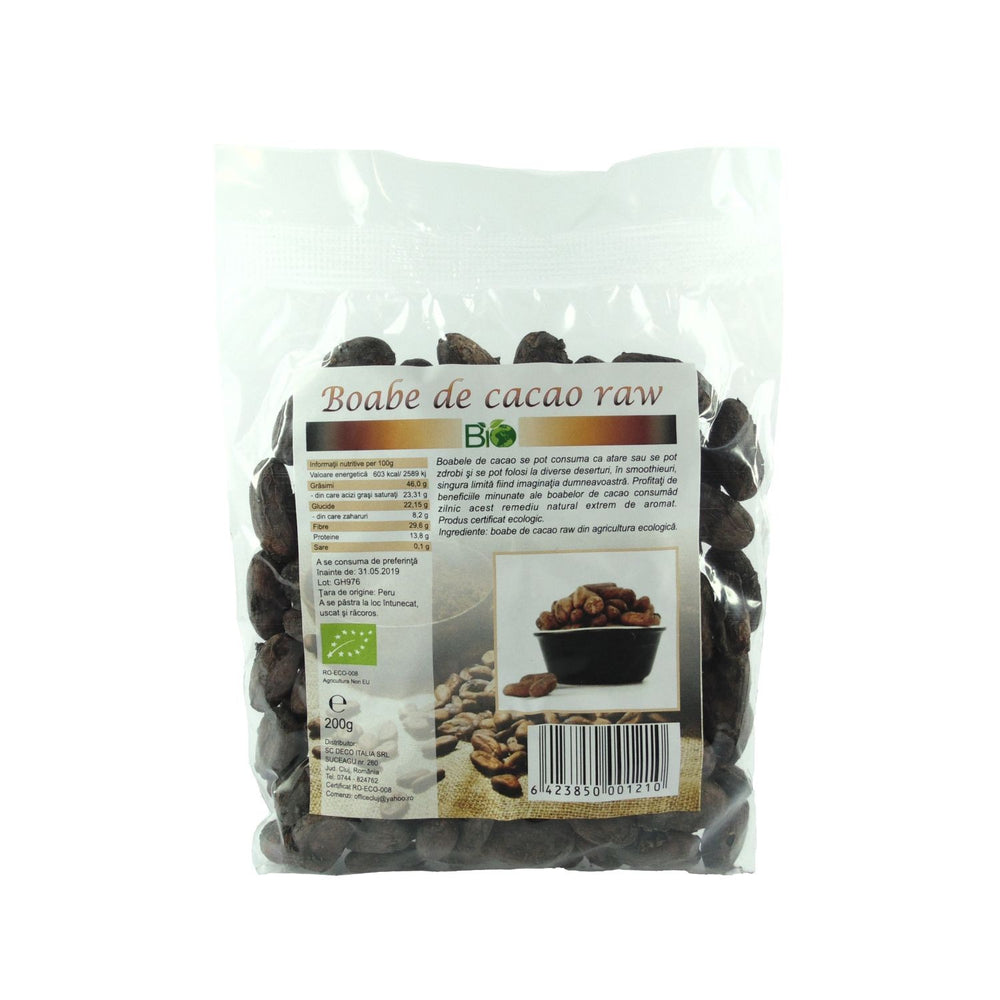 Boabe de cacao crude BIO 200g — Theobroma cacao, sursă bogată magneziu și fier