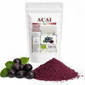 Acai pudră liofilizată BIO, 125g — produs și sursa naturală (boabe de acai), prezentare lifestyle, Biovicta