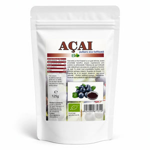 Acai pudră liofilizată BIO, 125g — pungă cu eticheta completă, boabe de acai, Biovicta