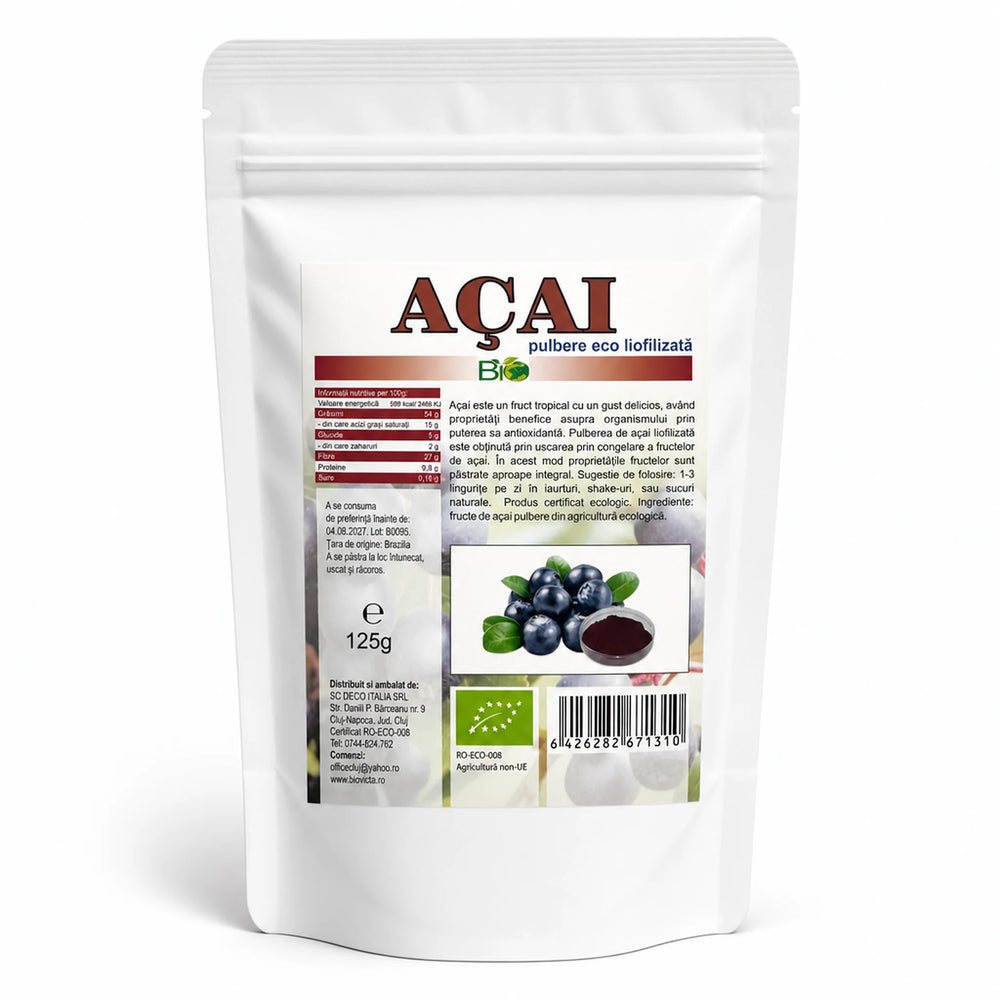 Acai pudră liofilizată BIO, 125g — pungă cu eticheta completă, boabe de acai, Biovicta