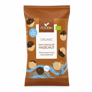 Alune de pădure în ciocolată fără zahăr BIO, 50g — pungă Foodin cu eticheta completă, ciocolată fără zahăr din Finlanda, Biovicta