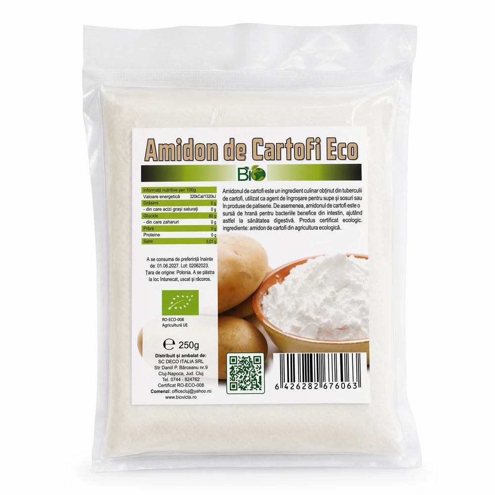 Amidon de cartofi BIO 250g, fecula pură pentru îngroșare supe și sosuri — ambalaj Biovicta
