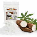 Amidon de tapioca BIO 200g — pudră albă și rădăcini de manioc, prezentare lifestyle, Biovicta