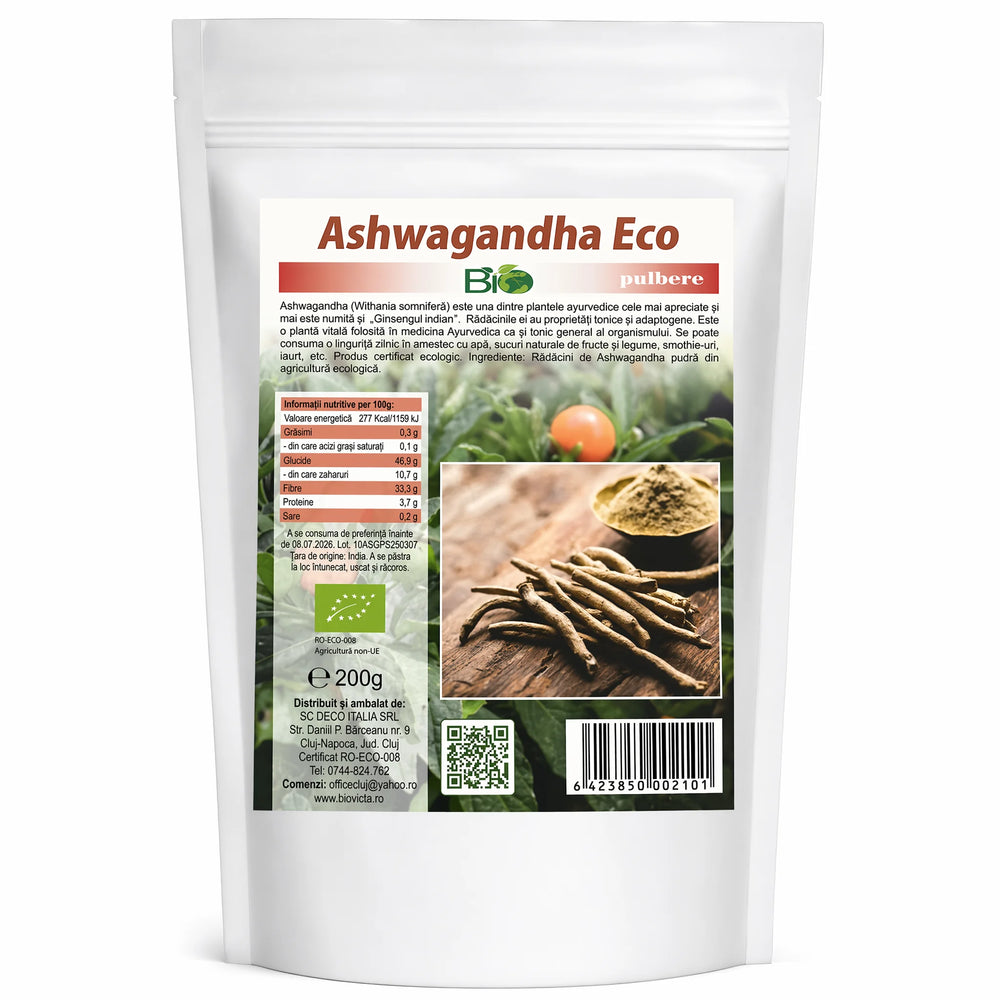 Ashwagandha pulbere BIO 200g rădăcini pure Withania somnifera — ambalaj Biovicta