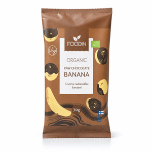 Banane în ciocolată raw BIO, 70g — pungă Foodin cu eticheta completă, snack ecologic Finlanda, Biovicta