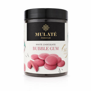 Bănuți ciocolată albă Mulate, aromă gumă de mestecat, 150g — borcan cu eticheta completă, ciocolată ecologică Mulate fără adaos de zahăr, Biovicta
