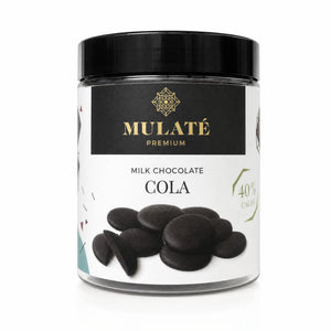 Bănuți ciocolată cu lapte Mulate, aromă cola, 150g — borcan cu eticheta completă, ciocolată ecologică Mulate fără adaos de zahăr, Biovicta