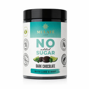 Bănuți ciocolată neagră Mulate lime și mentă, fără zahăr, 150g — borcan cu eticheta completă, ciocolată ecologică Mulate fără adaos de zahăr, Biovicta