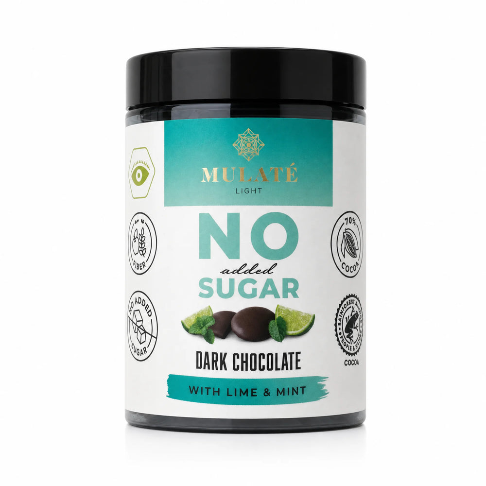 Bănuți ciocolată neagră Mulate lime și mentă, fără zahăr, 150g — borcan cu eticheta completă, ciocolată ecologică Mulate fără adaos de zahăr, Biovicta