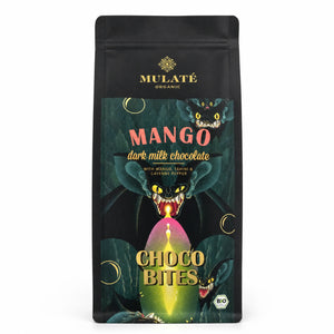 Bănuți ciocolată neagră BIO Mulate cu mango și tahini, 400g — pachet cu eticheta completă, ciocolată ecologică Mulate fără adaos de zahăr, Biovicta