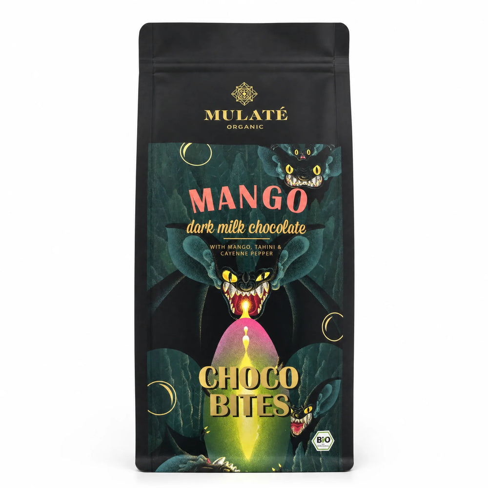 Bănuți ciocolată neagră BIO Mulate cu mango și tahini, 400g — pachet cu eticheta completă, ciocolată ecologică Mulate fără adaos de zahăr, Biovicta