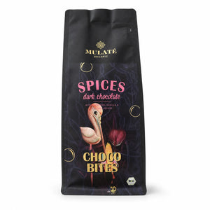 Bănuți ciocolată neagră BIO Mulate Spices, 400g — pachet cu eticheta completă, ciocolată ecologică Mulate fără adaos de zahăr, Biovicta