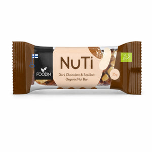 Baton Nuti cu ciocolată neagră și sare de mare BIO, 35g — ambalaj Foodin cu eticheta completă, baton ecologic din Finlanda, Biovicta