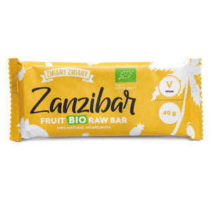 Baton raw BIO cu fructe exotice, Zanzibar, 40g — baton ambalat cu eticheta completă, snack ecologic vegan, Biovicta