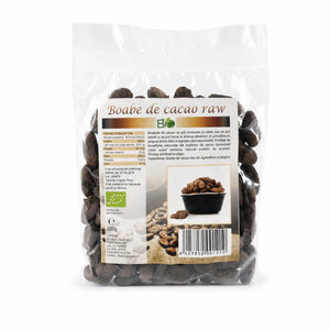 Boabe de cacao crude BIO, 200g — pungă transparentă cu eticheta completă, boabe cacao raw certificat ecologic, Biovicta