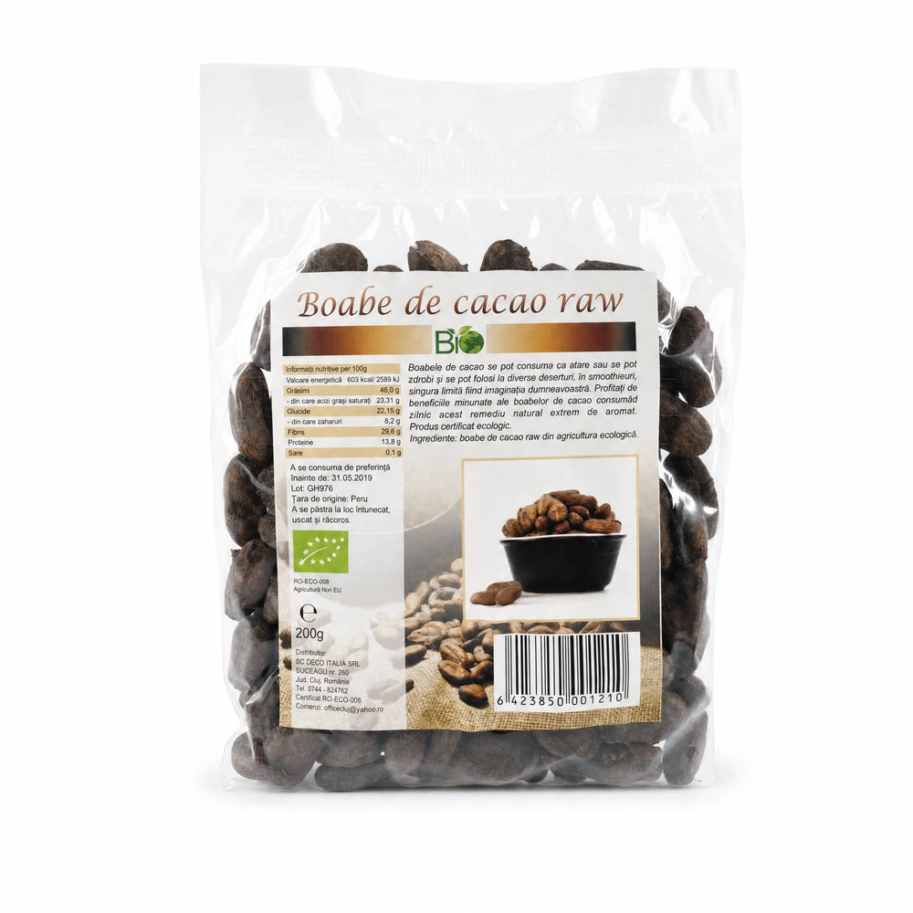 Boabe de cacao crude BIO, 200g — pungă transparentă cu eticheta completă, boabe cacao raw certificat ecologic, Biovicta