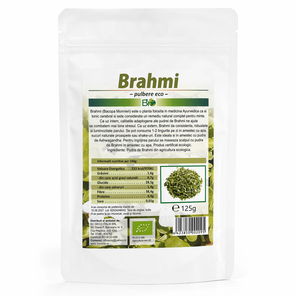 Brahmi pulbere BIO 125g, Bacopa monnieri pură plantă ayurvedică — ambalaj Biovicta