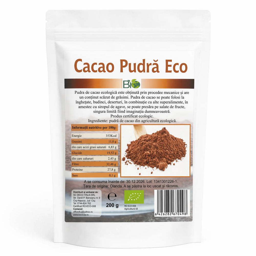 Cacao pudră BIO 200g Biovicta, eticheta cu certificare ecologică RO-ECO-008