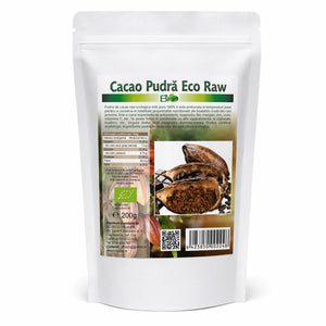Pudră de cacao BIO raw 200g — Theobroma cacao boabe crude presate sub 42°C, antioxidanți și magneziu maxim, profil amar intens autentic