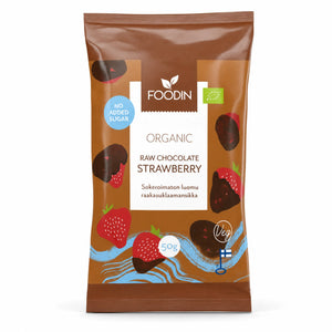 Căpșuni întregi în ciocolată fără zahăr BIO, 50g — pungă Foodin cu eticheta completă, ciocolată fără zahăr din Finlanda, Biovicta