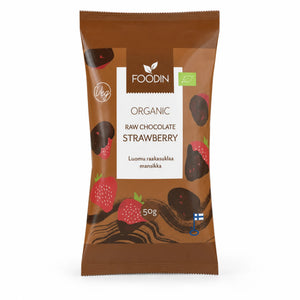 Căpșuni în ciocolată raw BIO, 50g — pungă Foodin cu eticheta completă, snack ecologic Finlanda, Biovicta