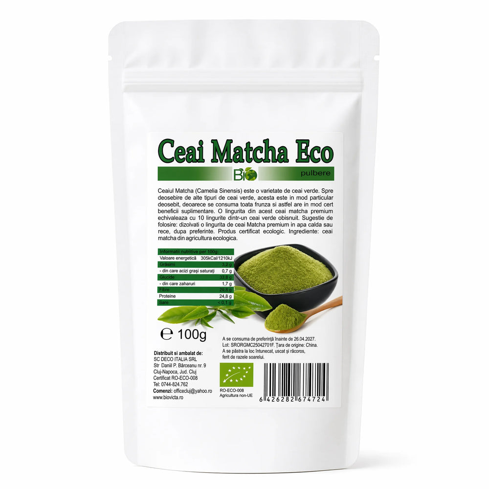 Ceai matcha BIO pulbere 100g Biovicta, eticheta cu certificare ecologică RO-ECO-008