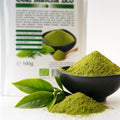 Pulbere de ceai matcha verde în bol cu frunze de Camellia Sinensis, matcha BIO 100g Biovicta