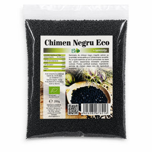 Chimen negru semințe BIO 200g — pungă transparentă cu eticheta completă, semințe de Nigella sativa din Turcia, Biovicta
