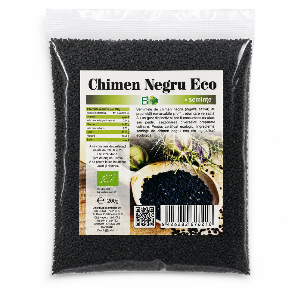 Chimen negru semințe BIO 200g — pungă transparentă cu eticheta completă, semințe de Nigella sativa din Turcia, Biovicta