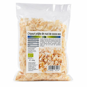Chipsuri prăjite din nuci de cocos BIO 250g Biovicta, eticheta cu certificare ecologică RO-ECO-008