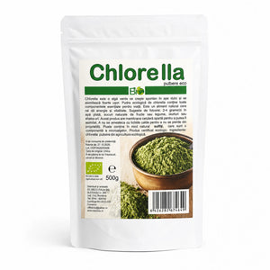 Chlorella pulbere, BIO, 500g — doypack alb opac stand-up cu eticheta completă, pudră Chlorella vulgaris, Biovicta