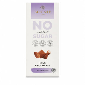Ciocolată cu lapte și migdale, Mulate, fără zahăr, 90g — cutie ciocolată Mulaté cu eticheta completă, migdale, Biovicta