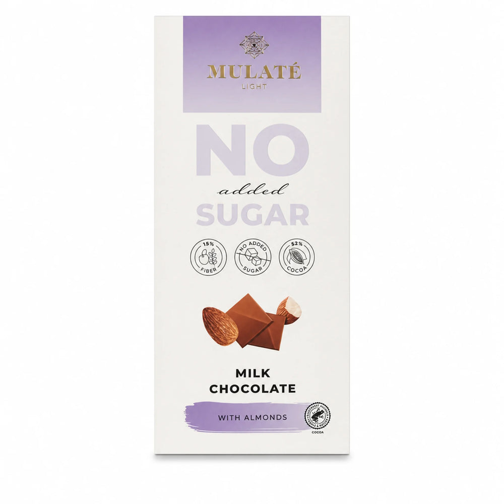 Ciocolată cu lapte și migdale, Mulate, fără zahăr, 90g — cutie ciocolată Mulaté cu eticheta completă, migdale, Biovicta