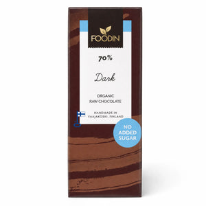 Ciocolată neagră 70% fără zahăr BIO, 40g — ambalaj Foodin cu eticheta completă, ciocolată raw fără zahăr, Finlanda, Biovicta