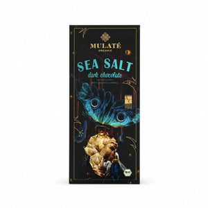 Ciocolată neagră BIO cu sare de mare, Mulate, 80g — cutie ciocolată Mulaté Organic Sea Salt cu eticheta completă, cristale de sare de mare, Biovicta