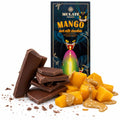 Ciocolată neagră cu lapte BIO cu mango și tahini, Mulate, 80g — ciocolată ruptă în bucăți și mango si tahini, prezentare lifestyle, Biovicta