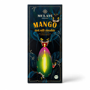 Ciocolată neagră cu lapte BIO cu mango și tahini, Mulate, 80g — cutie ciocolată Mulaté cu eticheta completă, mango si tahini, Biovicta