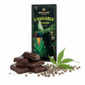 Ciocolată neagră BIO Mulate Cannabis, fără zahăr, 80g — ciocolată ruptă în bucăți și seminte canepa, prezentare lifestyle, Biovicta