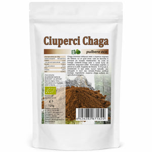 Ciuperci Chaga pulbere BIO 125g Biovicta, Inonotus obliquus, eticheta cu certificare ecologică RO-ECO-008