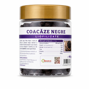 Coacăze negre liofilizate, fără zahăr, 40g — borcan cu eticheta completă, fructe întregi crocante, Biovicta