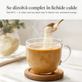 Colagenul hidrolizat se dizolvă complet în lichide calde, sub 80 de grade — în cafea, ceai sau lapte cald