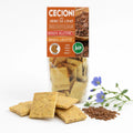 Crackers BIO din leguminoase cu in, fără gluten — crackers și semințe de in cu plantă, prezentare lifestyle, Biovicta