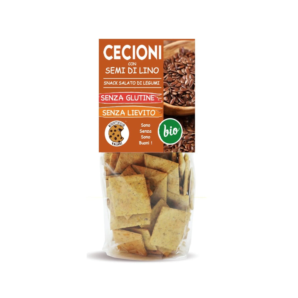 Crackers BIO din leguminoase cu in, fără gluten — pungă cu eticheta completă, snack ecologic Italia, Biovicta