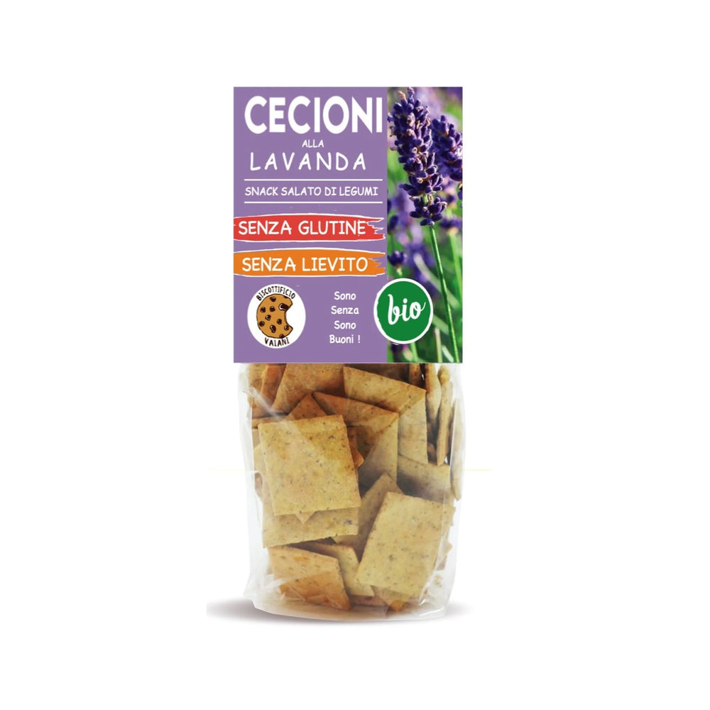 Crackers BIO din leguminoase cu lavandă, fără gluten — pungă cu eticheta completă, snack ecologic Italia, Biovicta